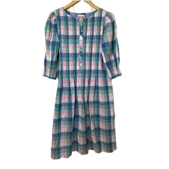 VTG 80s MATTI Sport Pastel Plaid Midi Dress Pastel Cottagecore Preppy Sz 4/6/8 - Picture 1 of 16